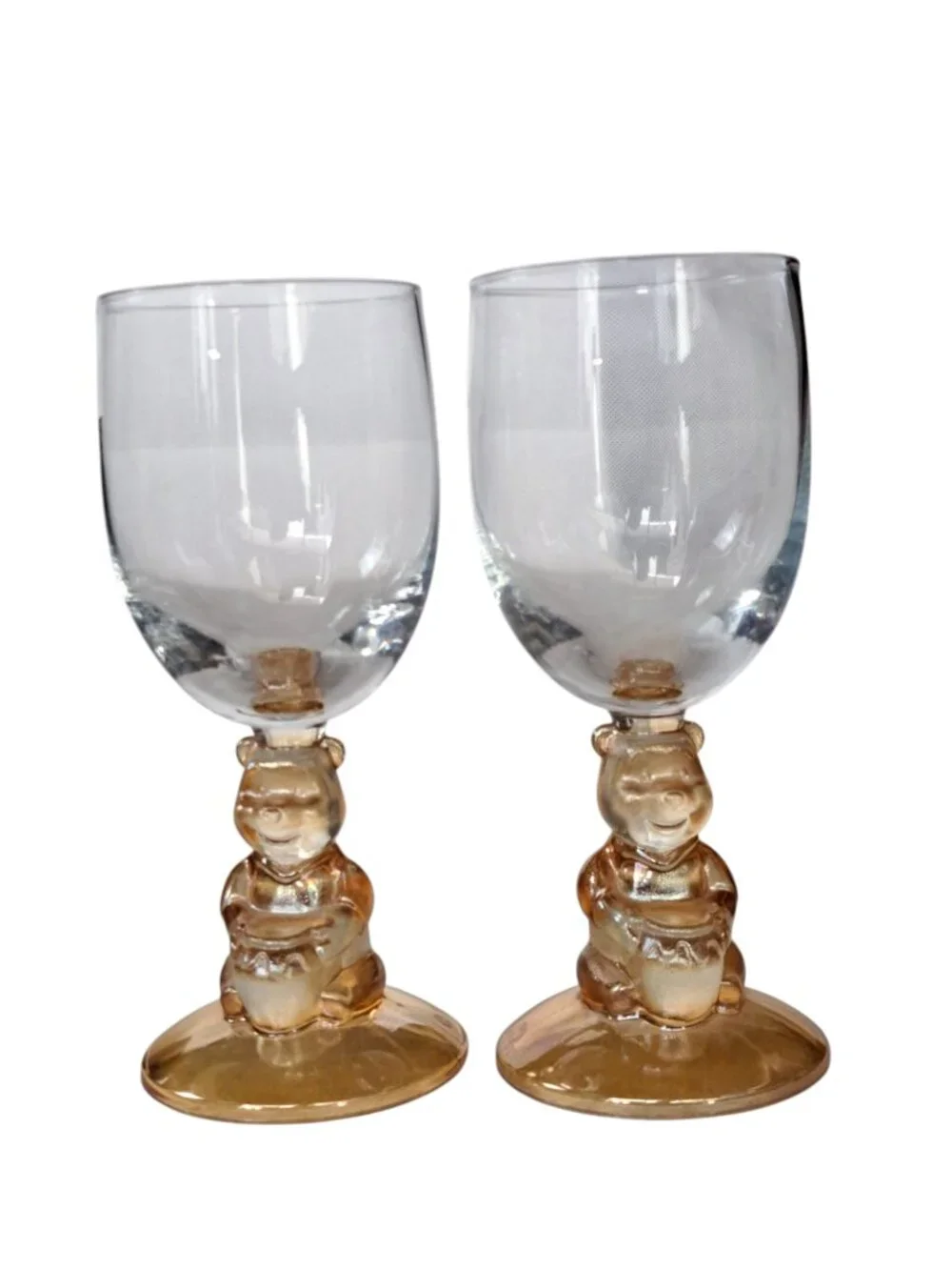 Vintage Lot Of 2 Disney 3D Winnie the Pooh Base Goblet Wine Glass Amber Stemware